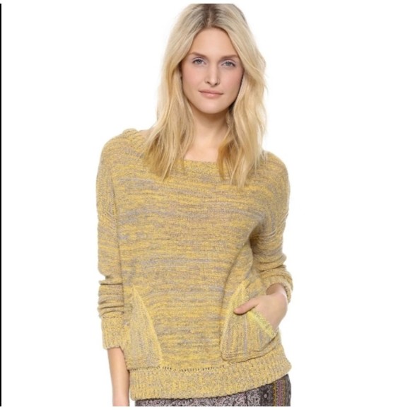 FREE PEOPLE Knit Pockets Yellow Grey Sweater - Picture 1 of 5